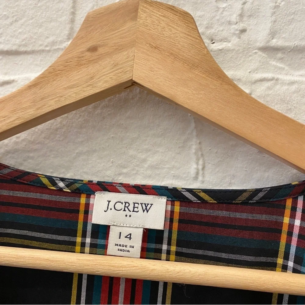 J.Crew || Stewart Tartan Puff-Sleeve Midi Dress With Jeweled Buttons Black 14‎